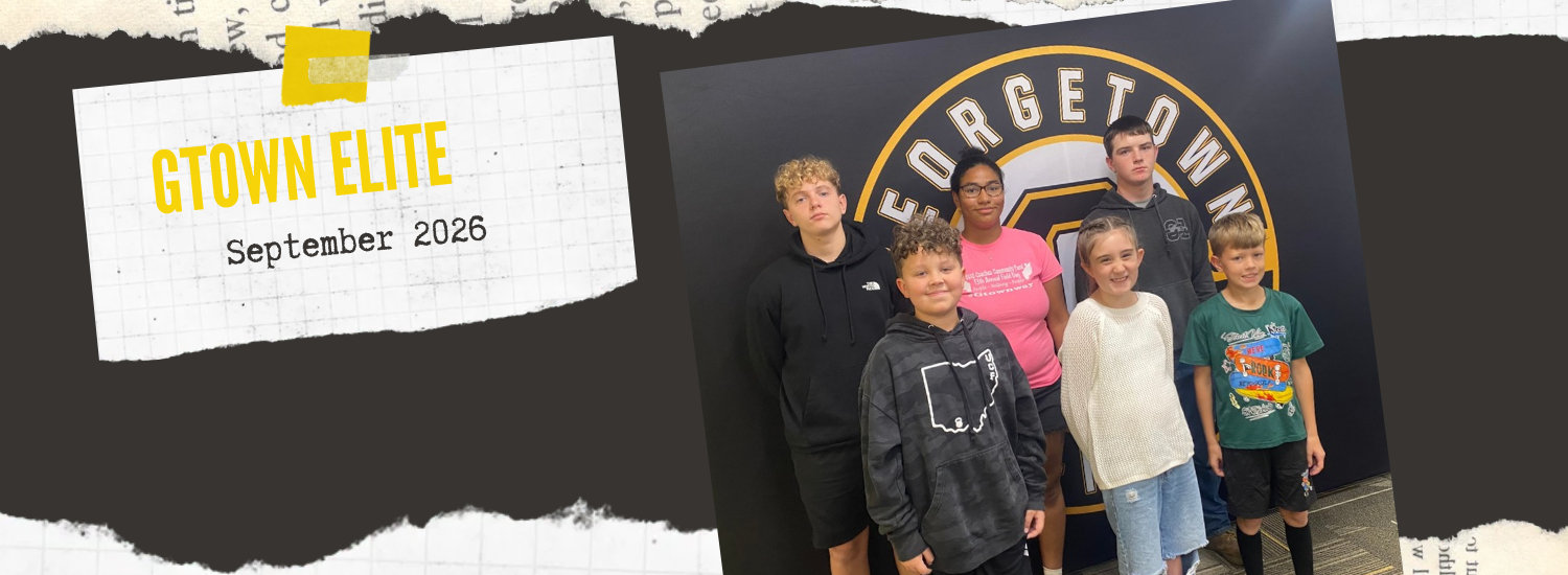 A graphic with the words "Gtown Elite September 2026" and a photo of six students in front of a Georgetown logo background.