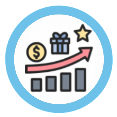 bar graph with arrow showing upward trajectory with a floating money sign, gift box, and star above it