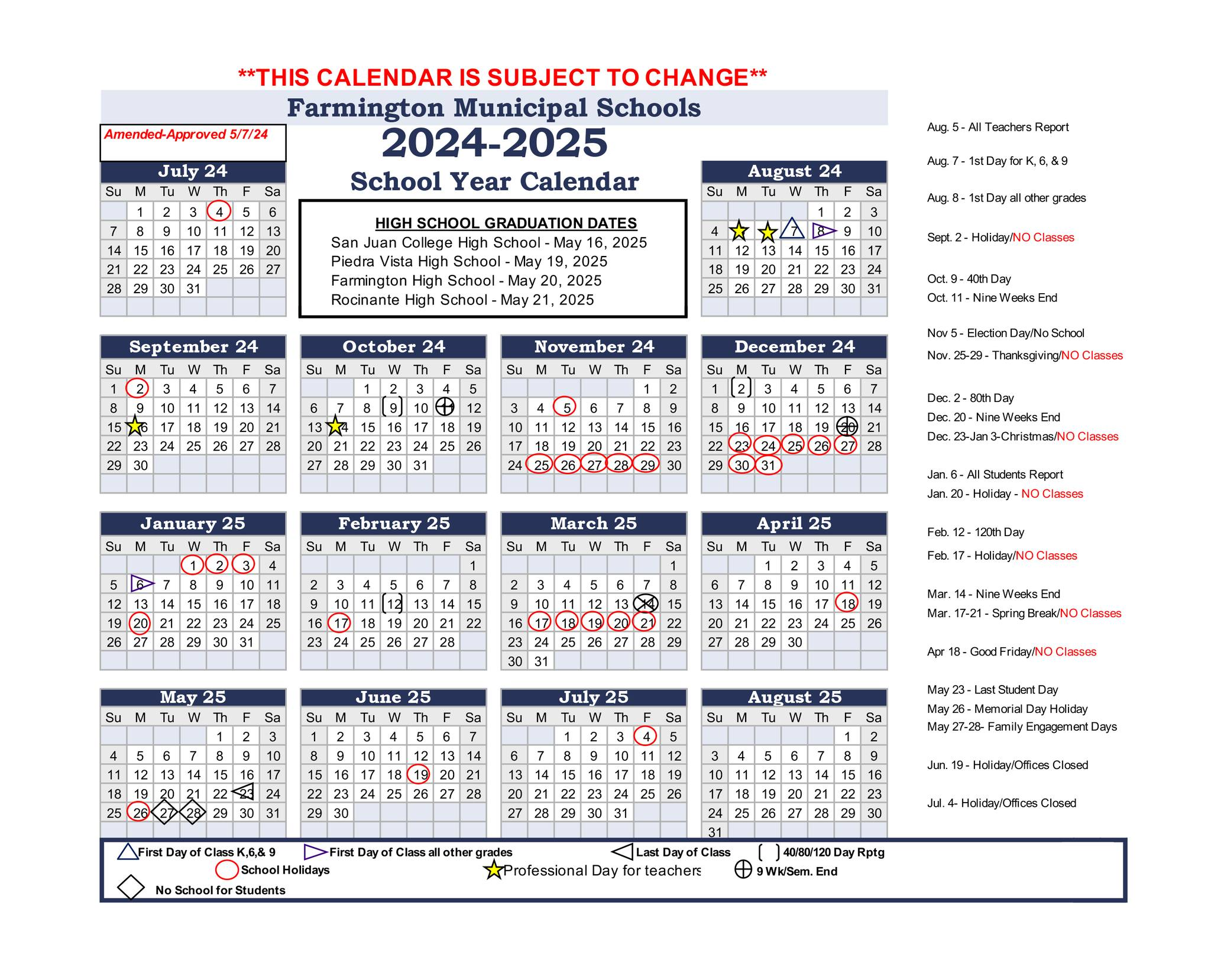 2024-2025 FMS Academic Calendar