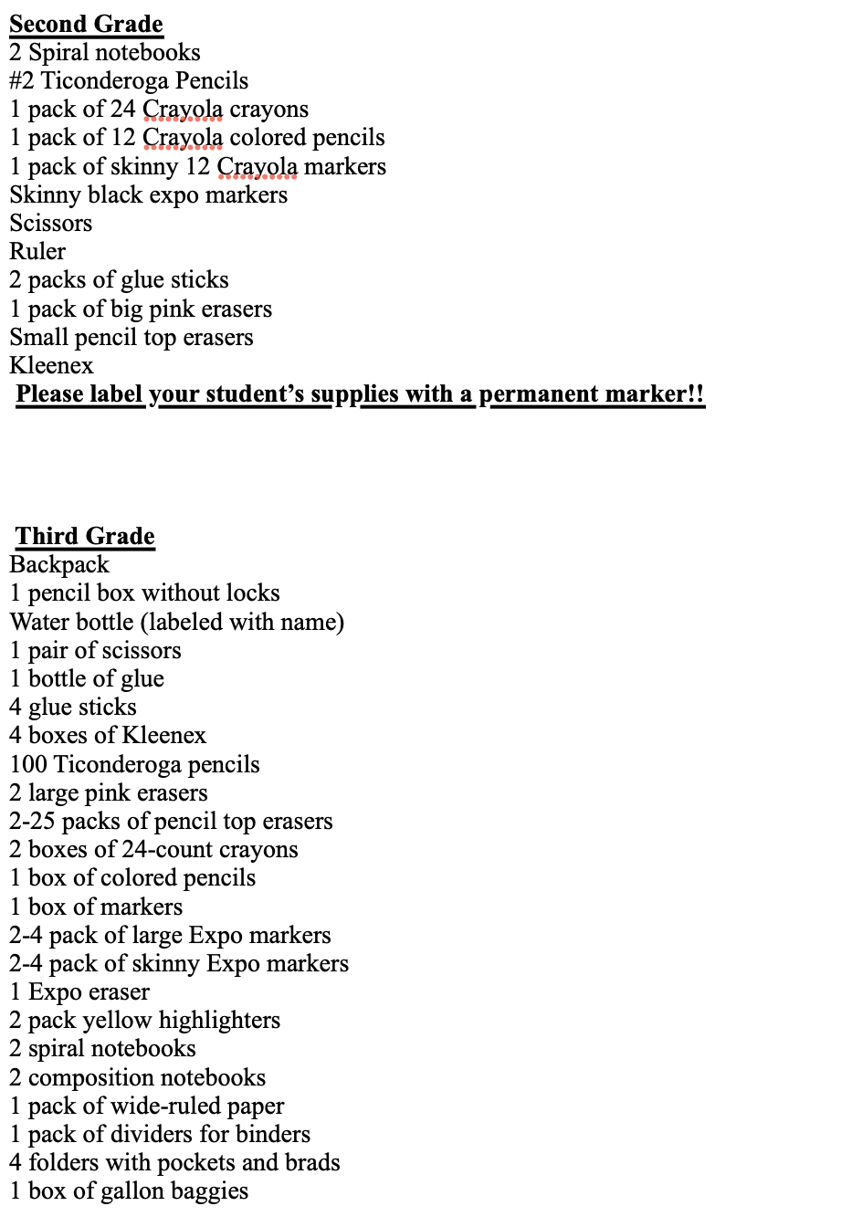 supply list