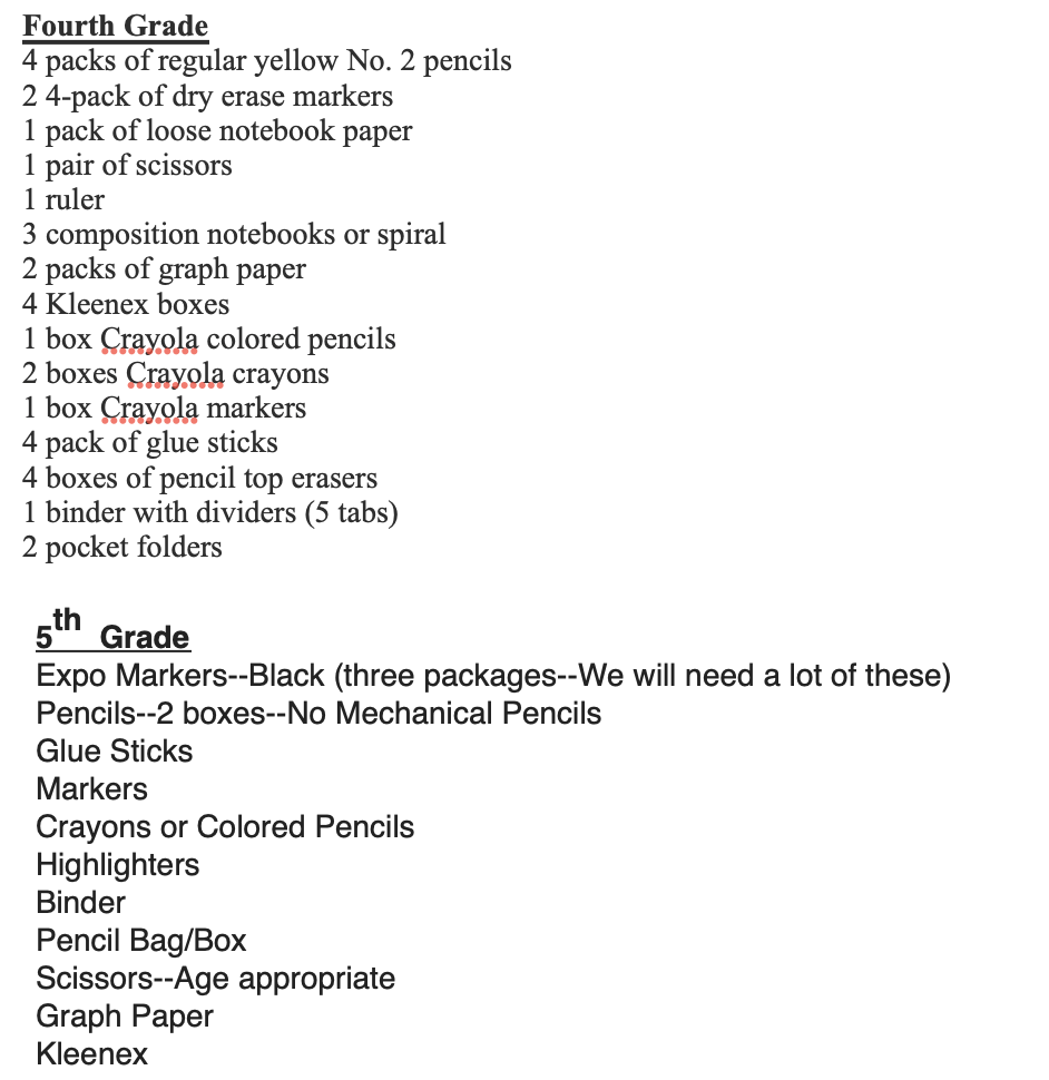 supply list