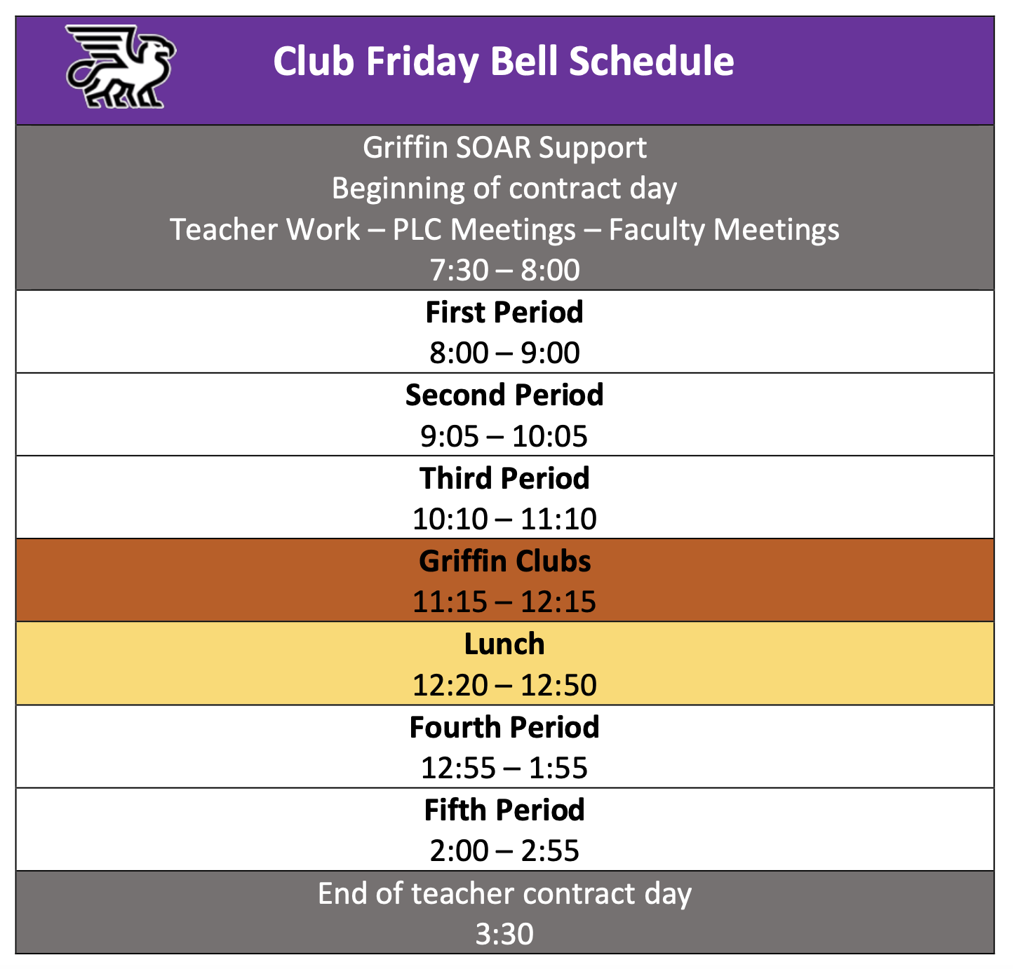 Club Friday Schedule