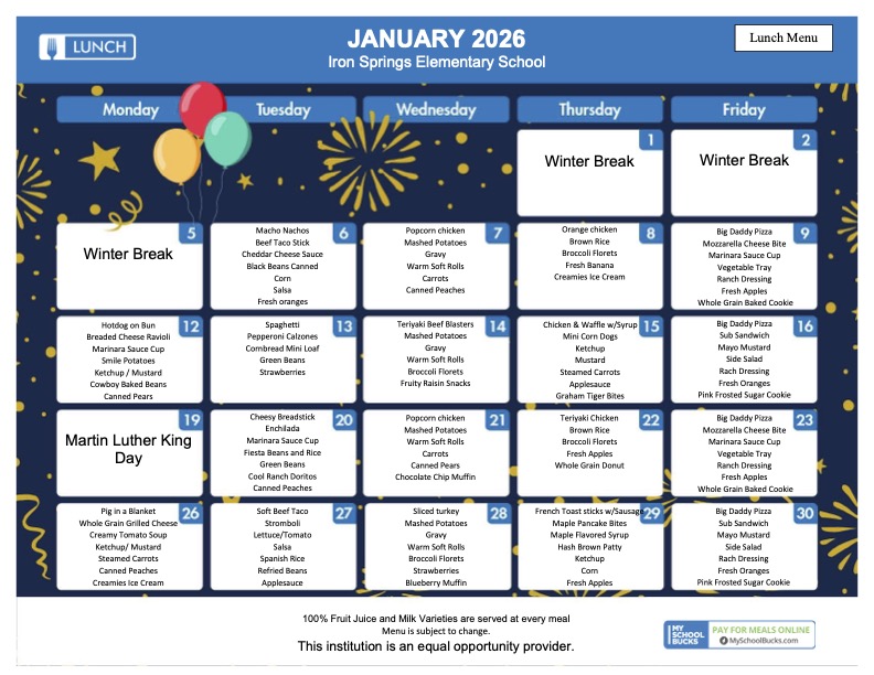 2026 January lunch menu