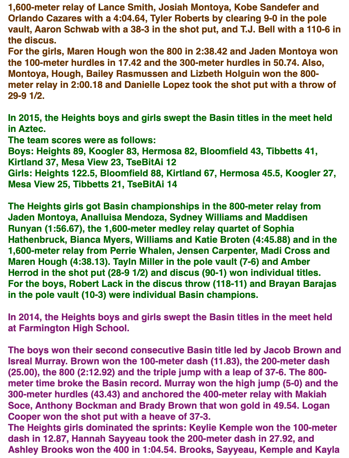 1,600-meter relay of Lance Smith, Josiah Montoya, Kobe Sandefer and Orlando Cazares with a 4:04.64, Tyler Roberts by clearing 9-0 in the pole vault, Aaron Schwab with a 38-3 in the shot put, and T.J. Bell with a 110-6 in the discus. For the girls, Maren Hough won the 800 in 2:38.42 and Jaden Montoya won the 100-meter hurdles in 17.42 and the 300-meter hurdles in 50.74. Also, Montoya, Hough, Bailey Rasmussen and Lizbeth Holguin won the 800-meter relay in 2:00.18 and Danielle Lopez took the shot put with a throw of 29-9 1/2.  In 2015, the Heights boys and girls swept the Basin titles in the meet held in Aztec. The team scores were as follows: Boys: Heights 89, Koogler 83, Hermosa 82, Bloomfield 43, Tibbetts 41, Kirtland 37, Mesa View 23, TseBitAi 12 Girls: Heights 122.5, Bloomfield 88, Kirtland 67, Hermosa 45.5, Koogler 27, Mesa View 25, Tibbetts 21, TseBitAi 14  The Heights girls got Basin championships in the 800-meter relay from Jaden Montoya, Analluisa Mendoza, Sydney Williams and Maddisen Runyan (1:56.67), the 1,600-meter medley relay quartet of Sophia Hathenbruck, Bianca Myers, Williams and Katie Broten (4:45.88) and in the 1,600-meter relay from Perrie Whalen, Jensen Carpenter, Madi Cross and Maren Hough (4:38.13). Tayln Miller in the pole vault (7-6) and Amber Herrod in the shot put (28-9 1/2) and discus (90-1) won individual titles. For the boys, Robert Lack in the discus throw (118-11) and Brayan Barajas in the pole vault (10-3) were individual Basin champions.  In 2014, the Heights boys and girls swept the Basin titles in the meet held at Farmington High School.  The boys won their second consecutive Basin title led by Jacob Brown and Isreal Murray. Brown won the 100-meter dash (11.83), the 200-meter dash (25.00), the 800 (2:12.92) and the triple jump with a leap of 37-6. The 800-meter time broke the Basin record. Murray won the high jump (5-0) and the 300-meter hurdles (43.43) and anchored the 400-meter relay with Makiah Soce, Anthony Bockman and Brady Brown that won gold in 49.54. Logan Cooper won the shot put with a heave of 37-3. The Heights girls dominated the sprints: Keylie Kemple won the 100-meter dash in 12.87, Hannah Sayyeau took the 200-meter dash in 27.92, and Ashley Brooks won the 400 in 1:04.54. Brooks, Sayyeau, Kemple and Kayla 