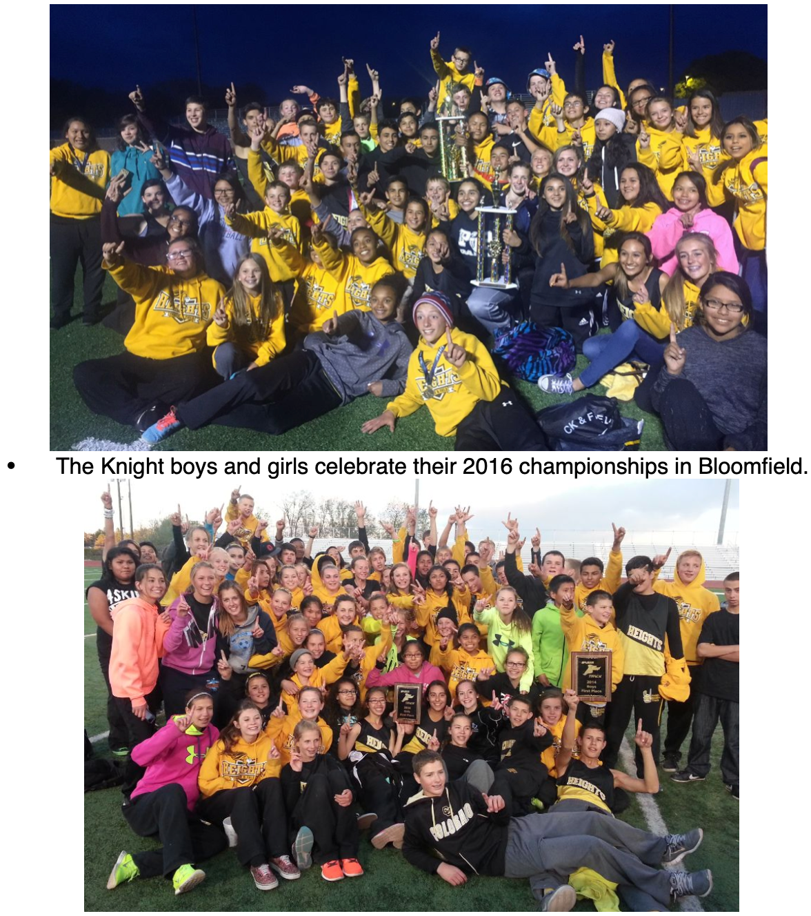 As of December, 2022: Our girls have won five of the past eight Basin titles, while our boys have won five of the past 10 Basin championships. Our Varsity has won the combined city championship trophy 14, of the past 16 years.        The Knight boys and girls celebrate their 2016 championships in Bloomfield.  The Knights celebrate their boys' and girls' championships in 2014 at Farmington High School.