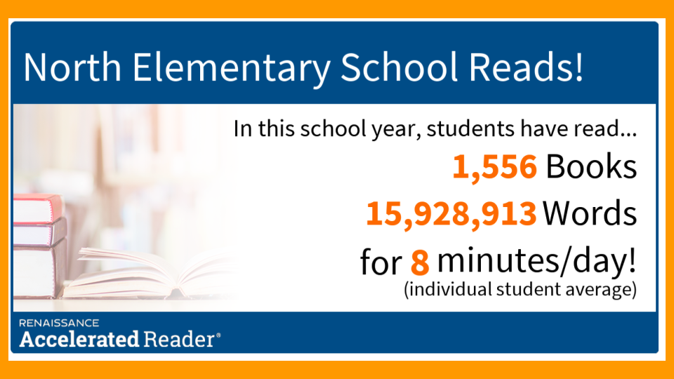 a sign saying that North Elementary students have read 1556 books, 15,929,913 words for an average of 8 minutes a day.