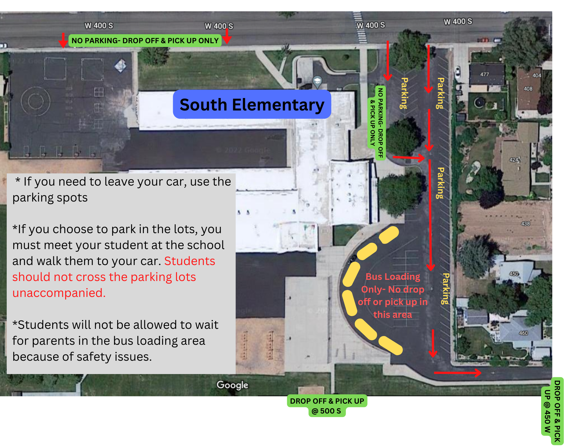 Map of south elementary with traffic flow and pick up zones
