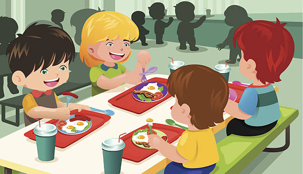 cartoon picture of kids eating school lunch