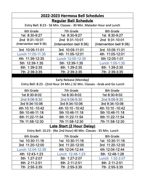 Bell Schedule | Hermosa Middle School