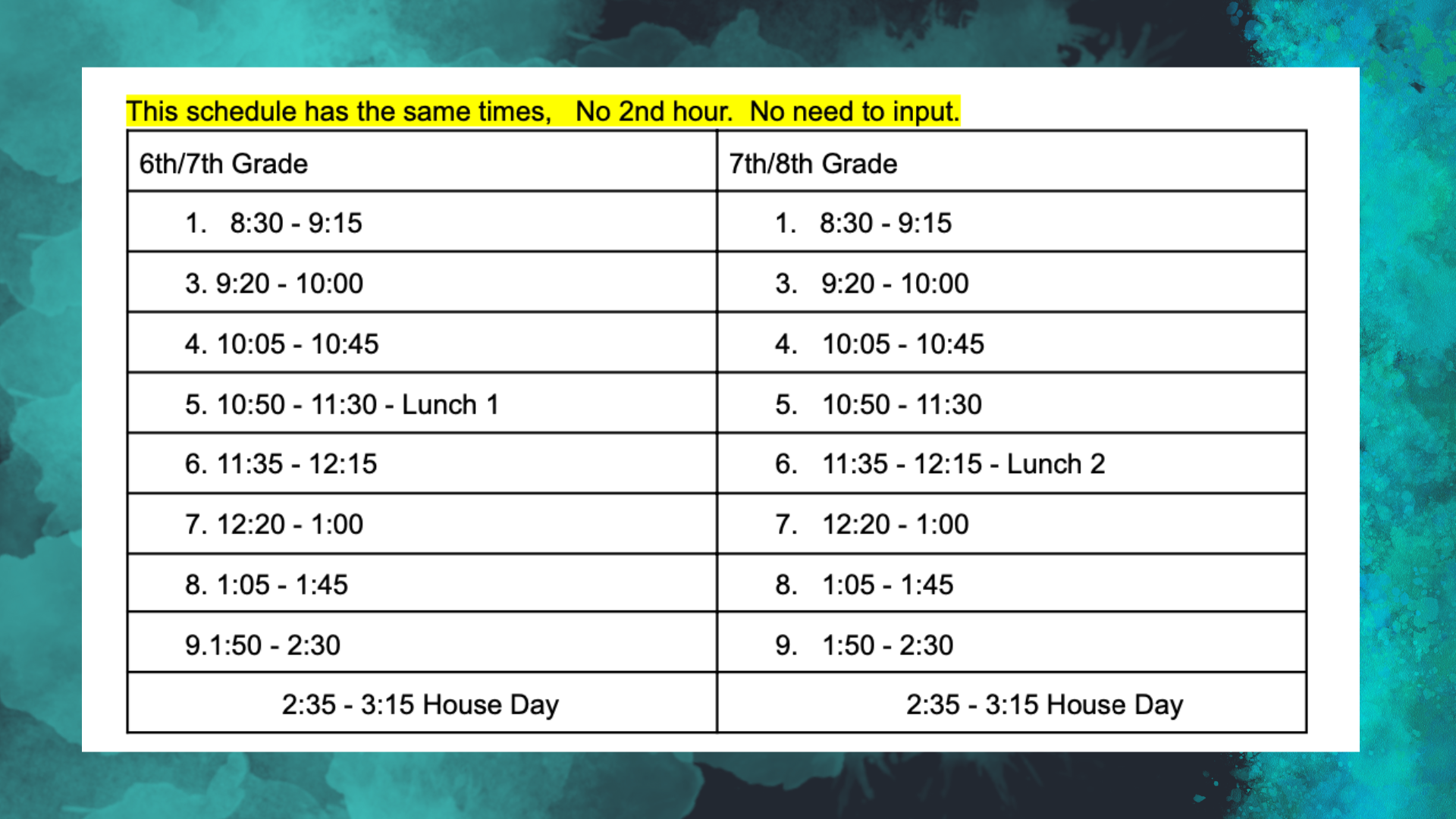House Day Schedule 