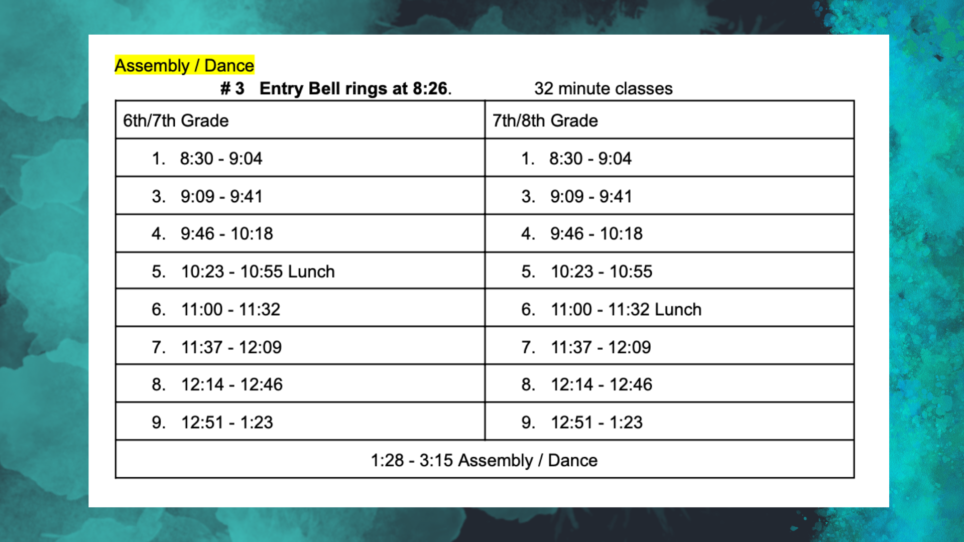 Assembly/Dance Schedule 
