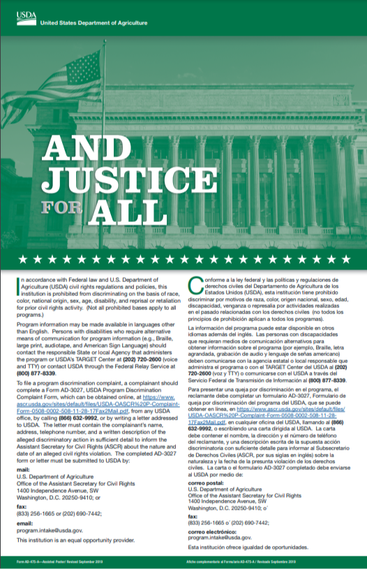 And Justice For All Poster with information from the USDA.