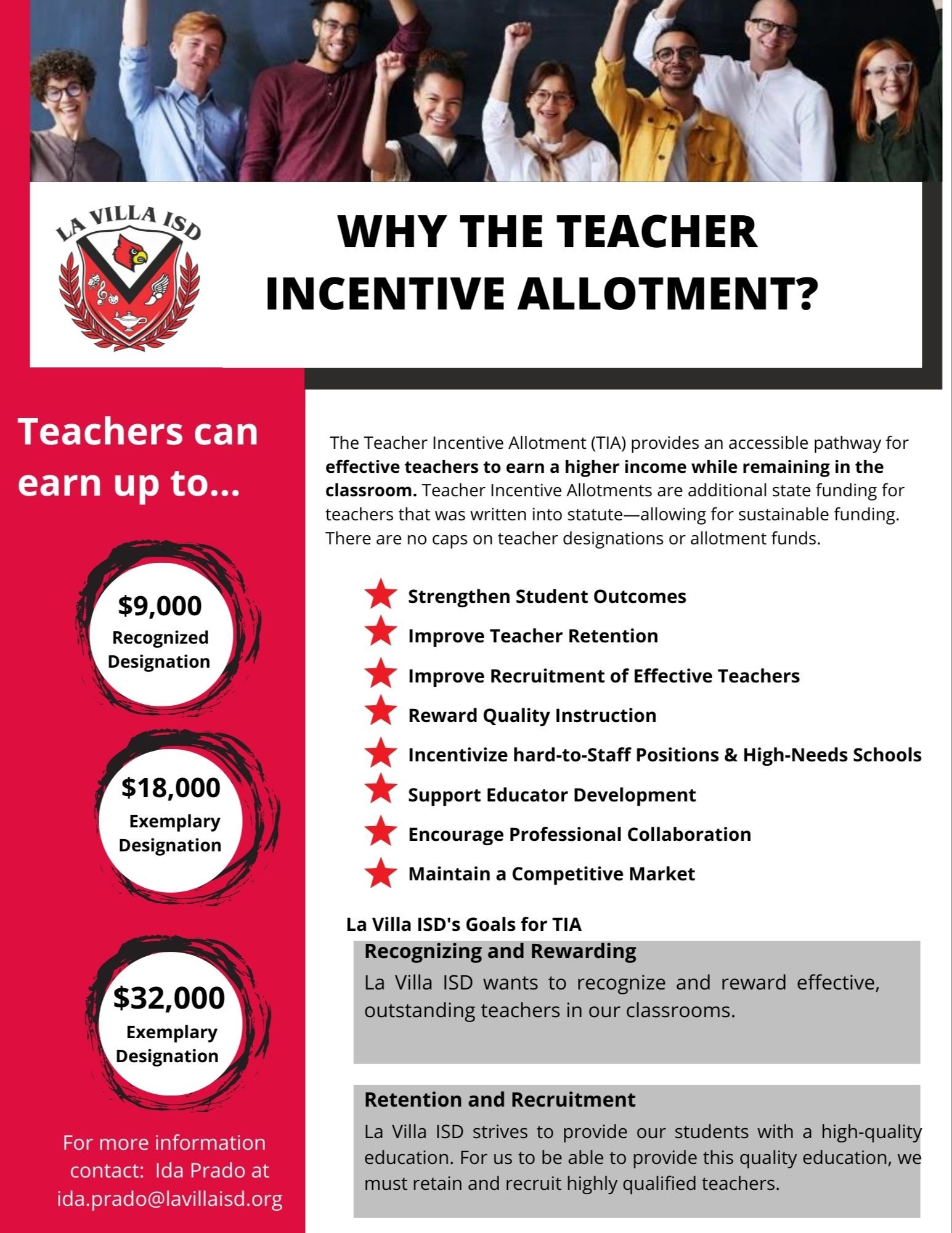 la villa isd teacher allotment informational flyer in Spanish.