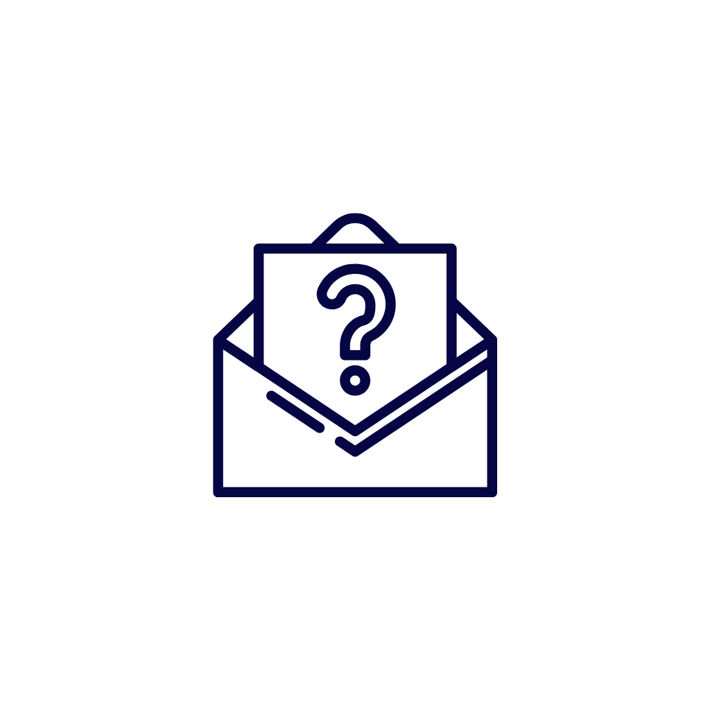 A white envelope icon with a question mark coming out of it outlined in dark blue.