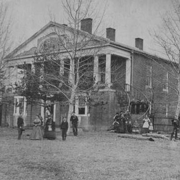 Black and white photo of the Classical Institute Building on the WVSDB campus.