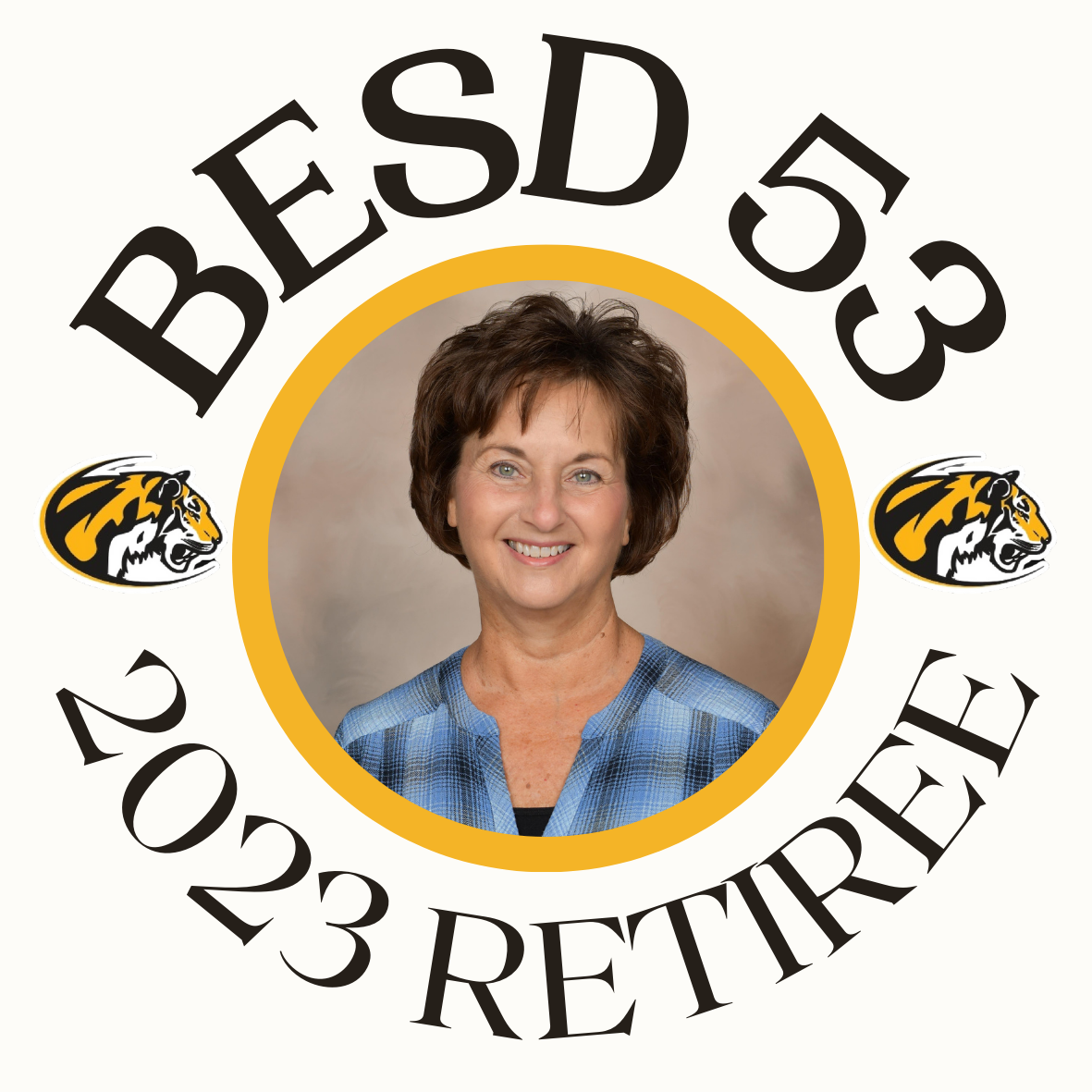 Circle image with words BESD 53 2023 RETIREE and photo of Woman with short dark hairin the center