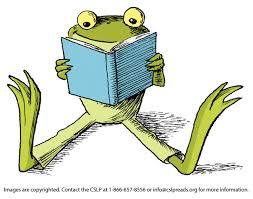 An image of a frog reading.
