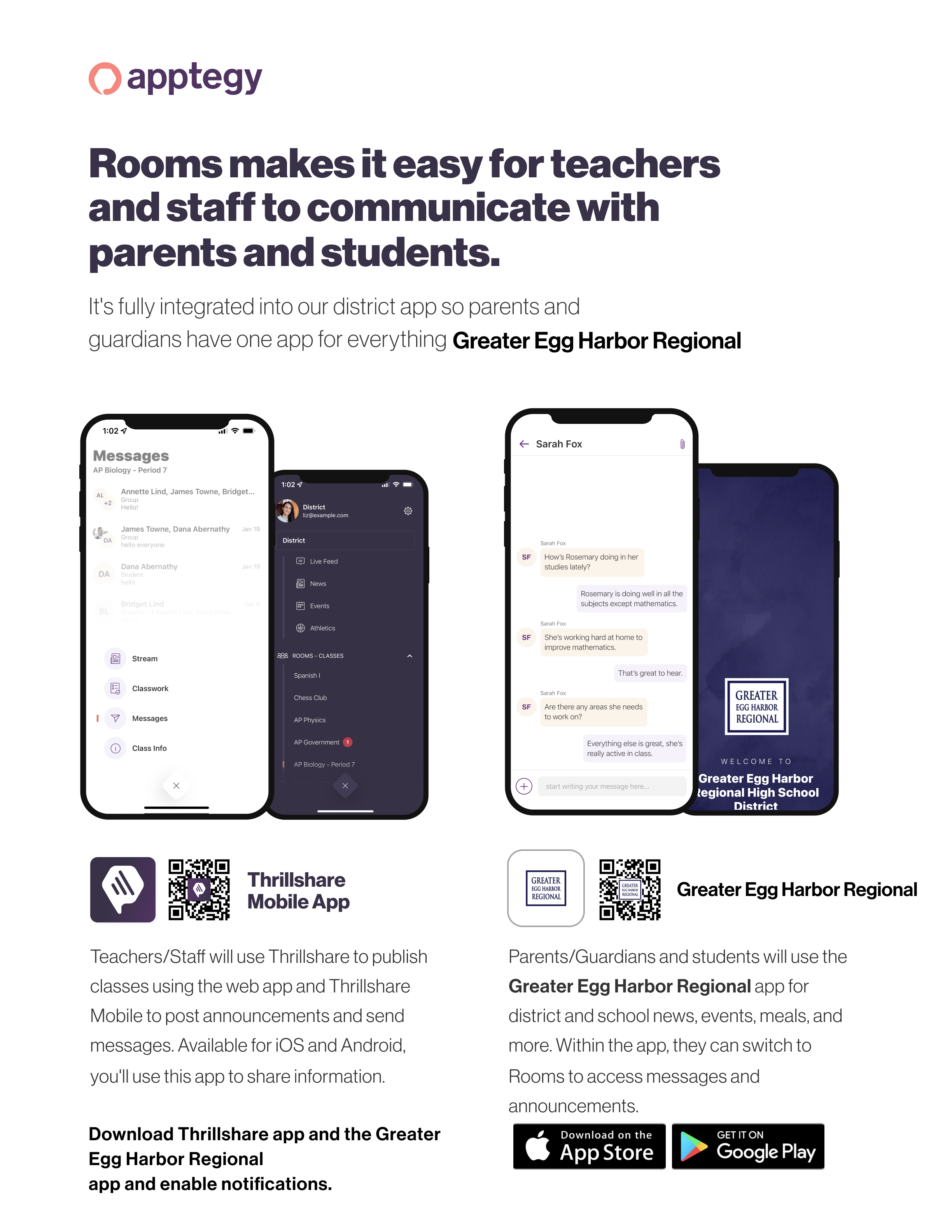 “Say hello to Parent-Teacher chat in the new Rooms app. Download the greater egg harbor regional HS app in the Google Play or Apple App store.”