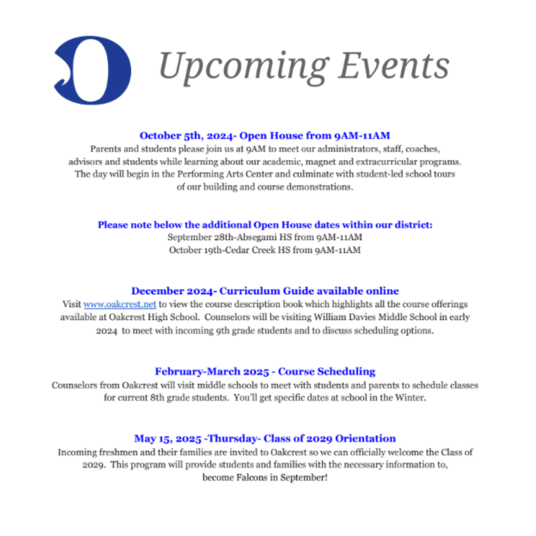 Oakcrest Upcoming Events