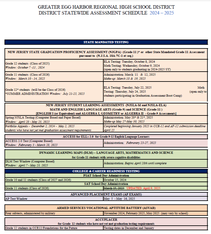 State Mandated Assessment Calendar Chart