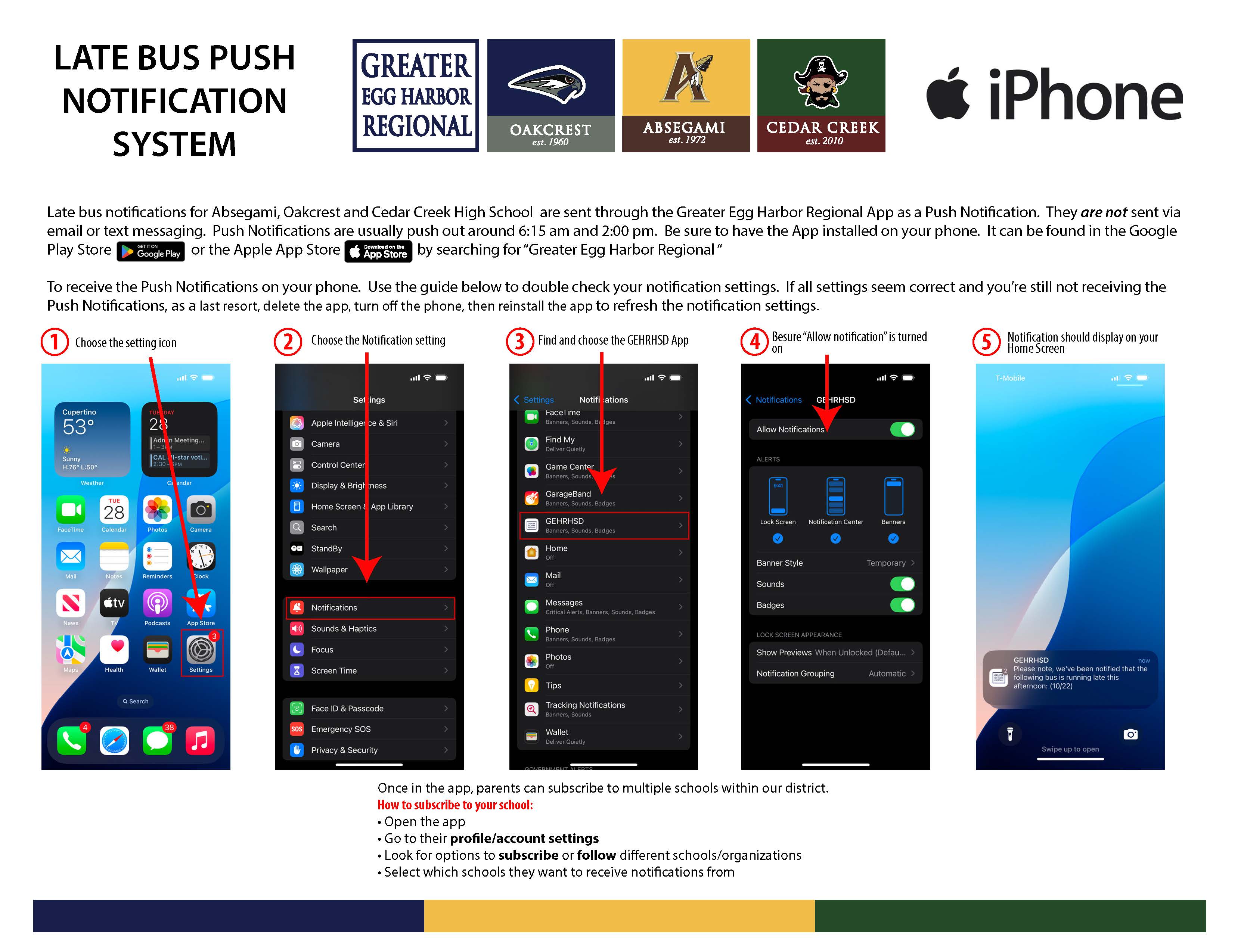 Late bus notifications for Absegami, Oakcrest and Cedar Creek High School are sent through the Greater Egg Harbor Regional App as a Push Notification. They are not sent via email or text messaging. Push Notifications are usually push out around 6:15 am and 2:00 pm. Be sure to have the App installed on your phone. It can be found in the Google Play Store or the Apple App Store by searching for “Greater Egg Harbor Regional “