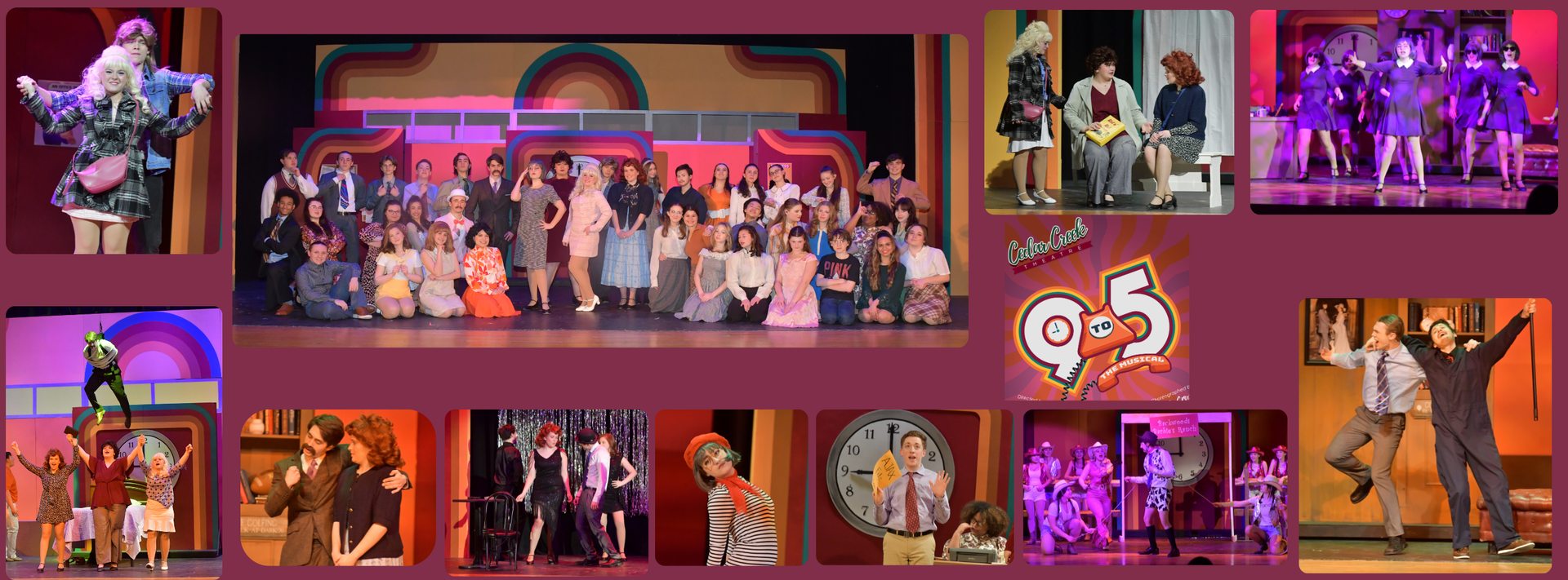 Collage of photos from a school musical with cast members on stage, individuals in colorful costumes, and a group photo.