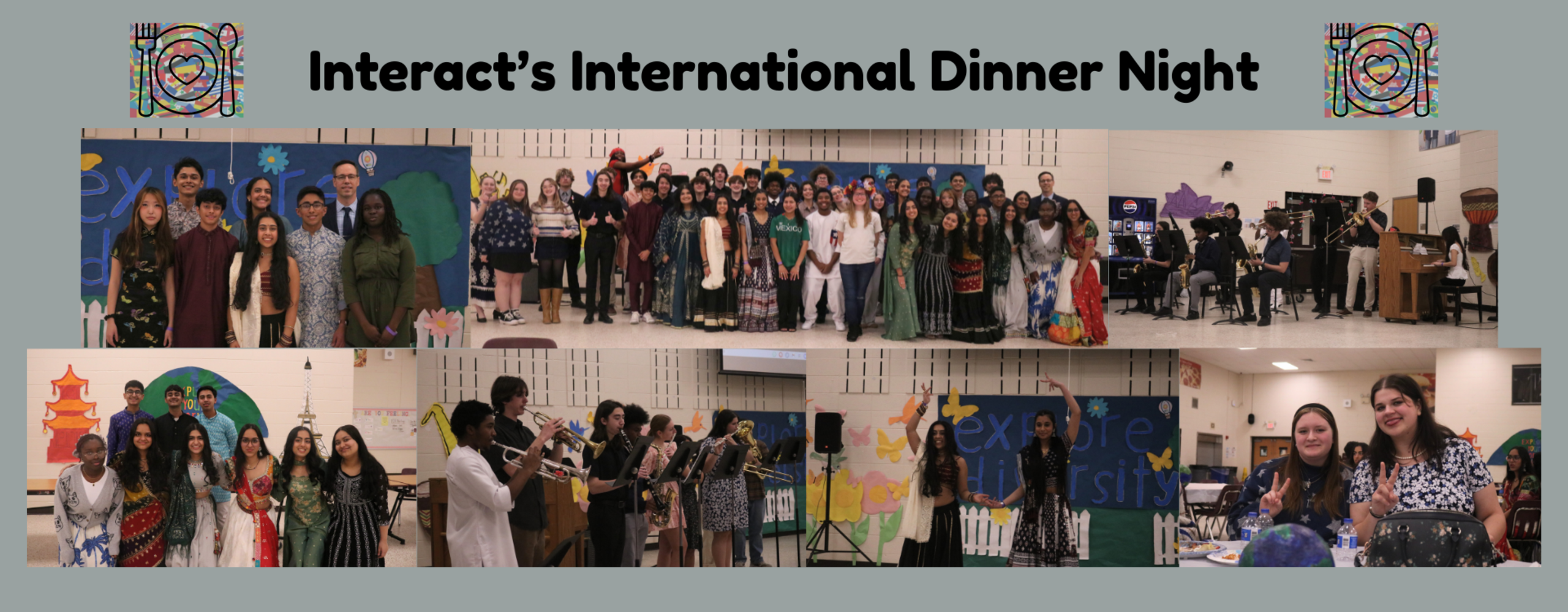 Collage of photos from Interact's International Dinner Night. Groups of people are standing and posing for pictures in a decorated room.