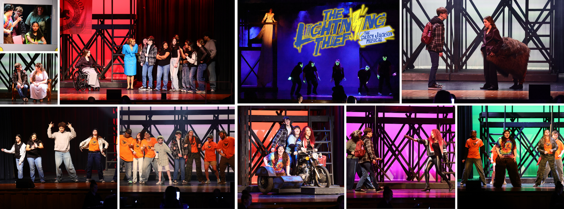 Collage of several photographs of people performing on stage with different backdrops and lighting effects.