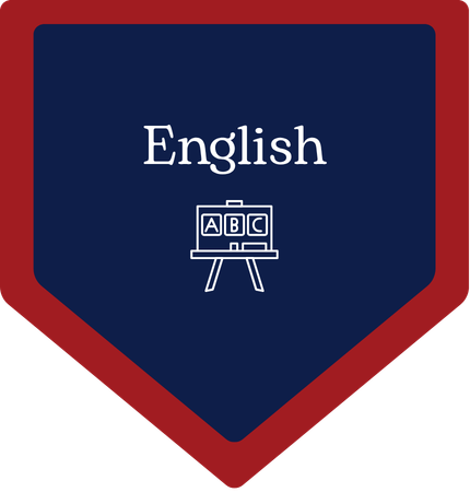 Blue hexagonal shape with white text "English" and an icon of an easel with letters ABC.