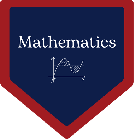 Blue and red hexagon with "Mathematics" at top and a sine wave graph below, on a black background.