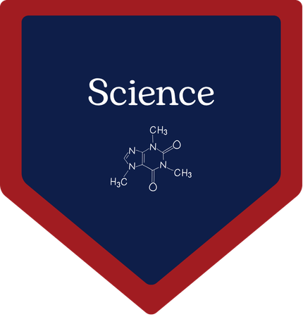 A red hexagonal shape with a blue center displays the word "Science" in white. Below it is a molecular structure in white on blue.