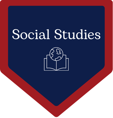 An icon for social studies with the words in white, a globe on an open book, and a red border.