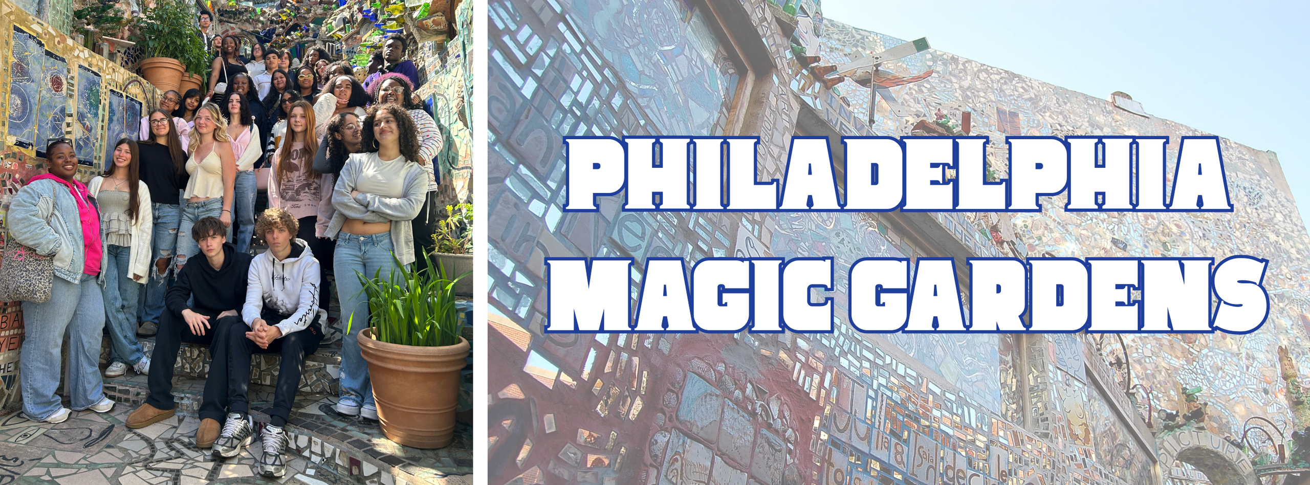 Two images: group standing outside with some seated, one holding a potted plant, and a colorful mosaic wall.
