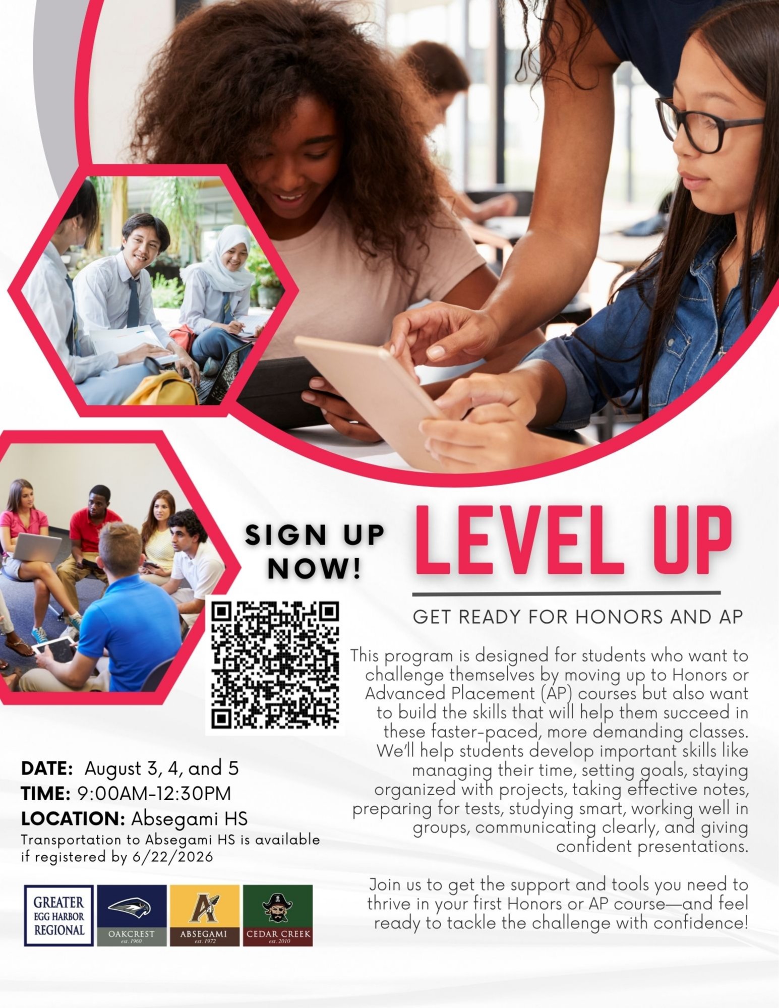 A poster shows multiple students studying. A QR code is visible. Text reads "SIGN UP NOW! LEVEL UP."
