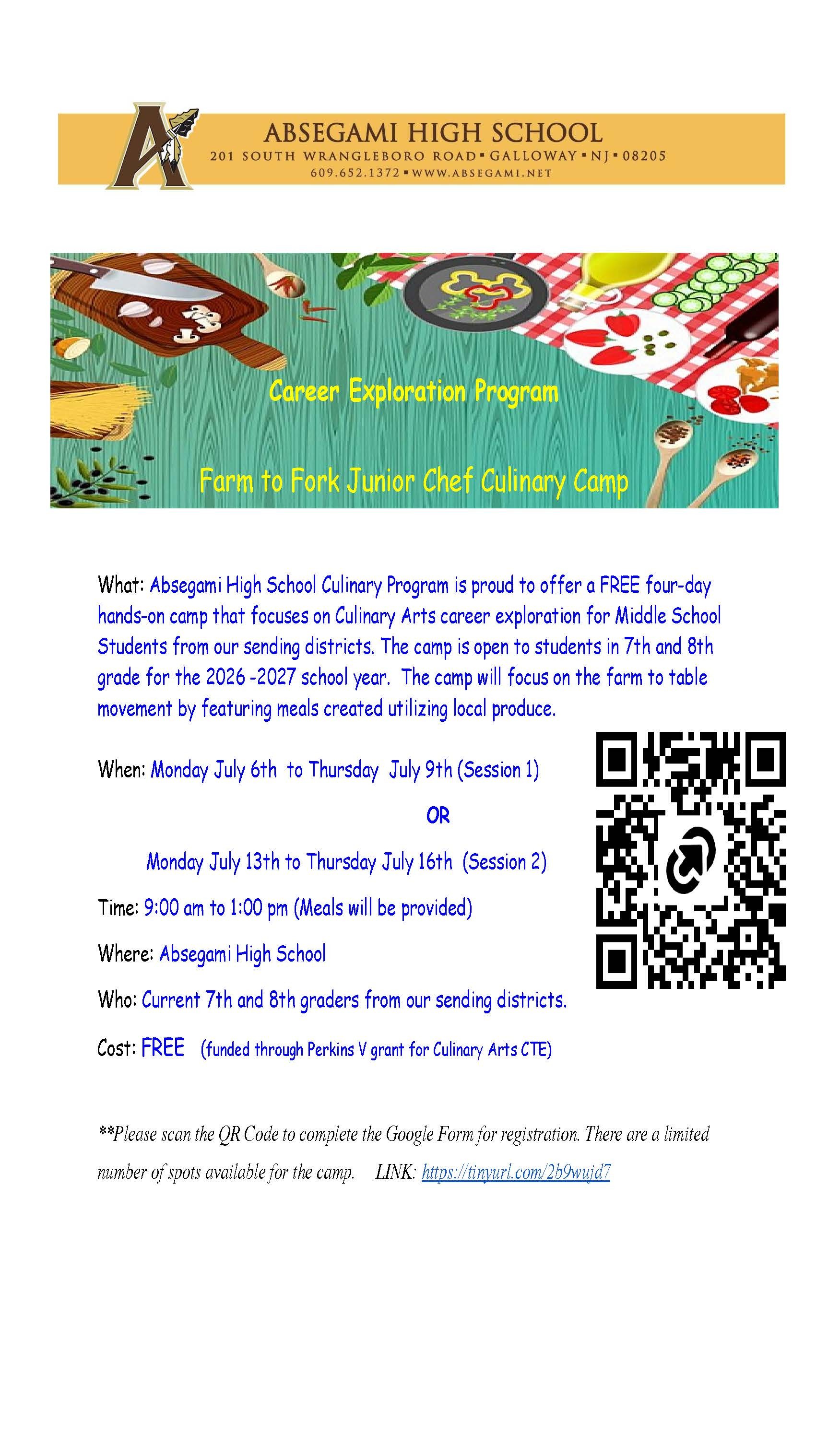 Flyer with colorful graphics and text advertising a Farm to Fork Junior Chef Culinary Camp at Absegami High School.