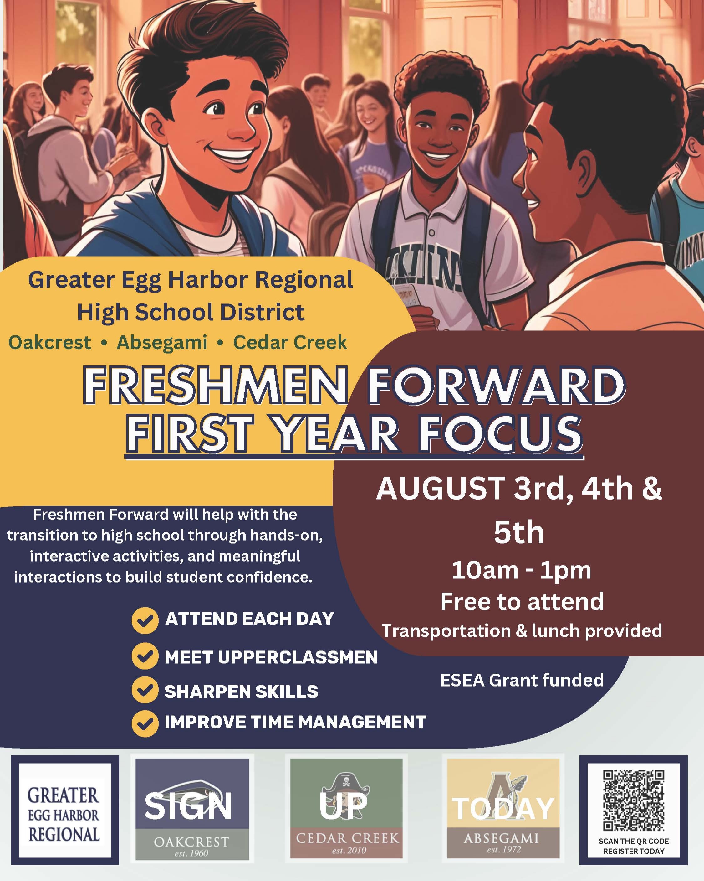 An event poster for Freshman Forward with cartoon characters of students, transportation and lunch provided, and skill improvement.