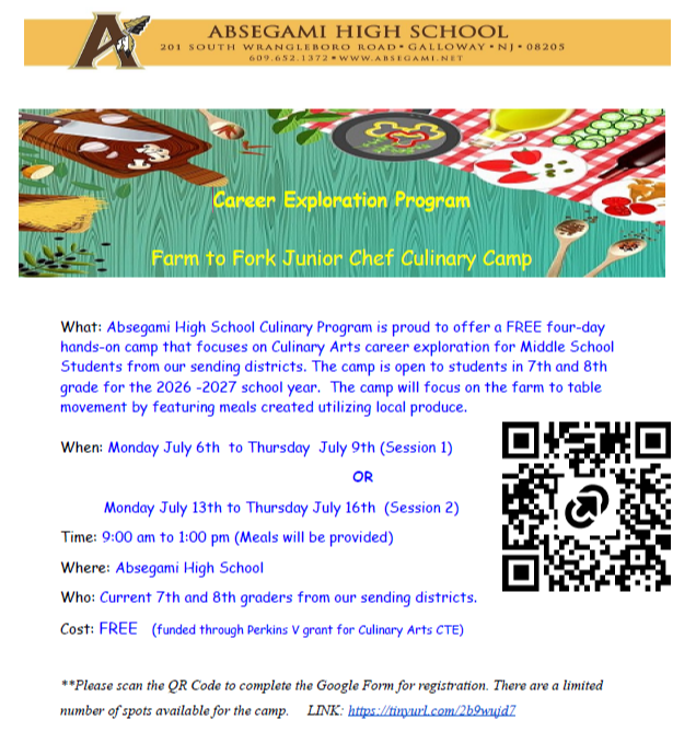 Advertisement for a free four-day culinary camp for 7th and 8th graders, featuring text, images of food, and a QR code.