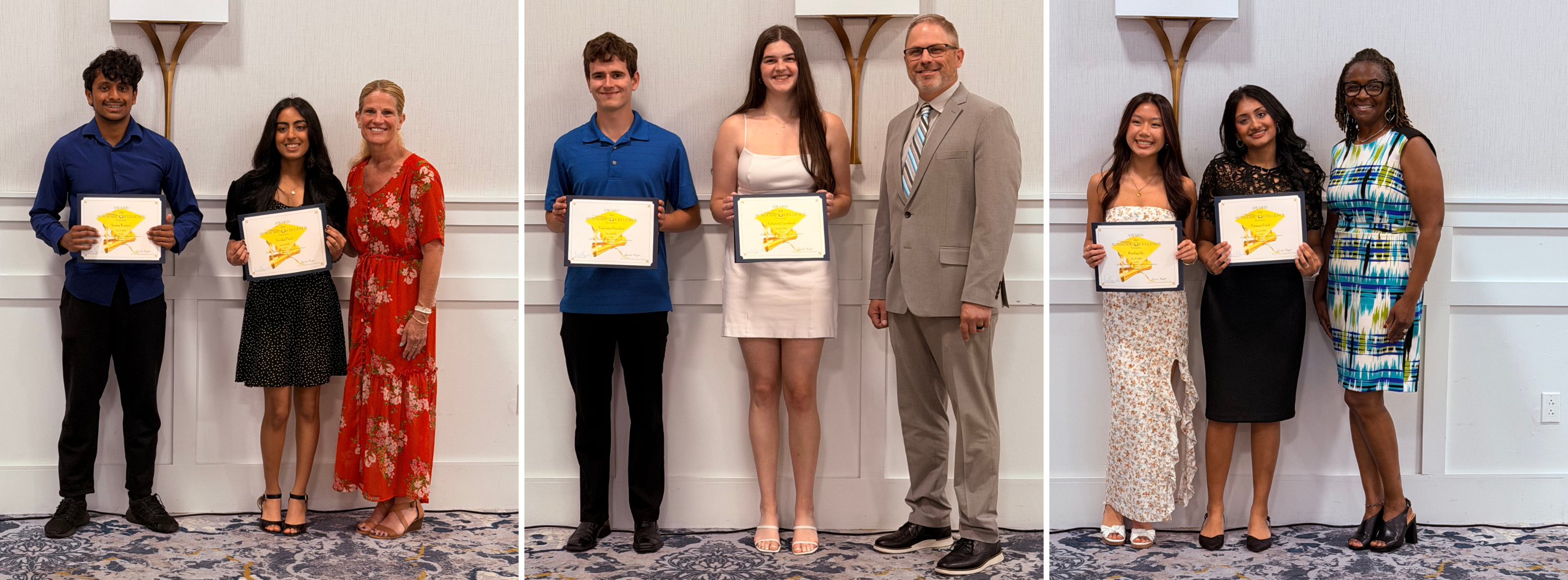 A collage of four images shows people standing with awards. They are all holding certificates with their arms raised.