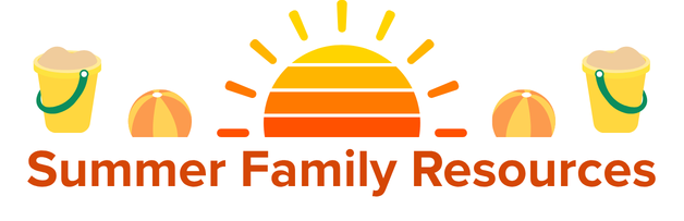 A logo for "Summer Family Resources" featuring a sun, two yellow buckets, and two umbrellas in orange.