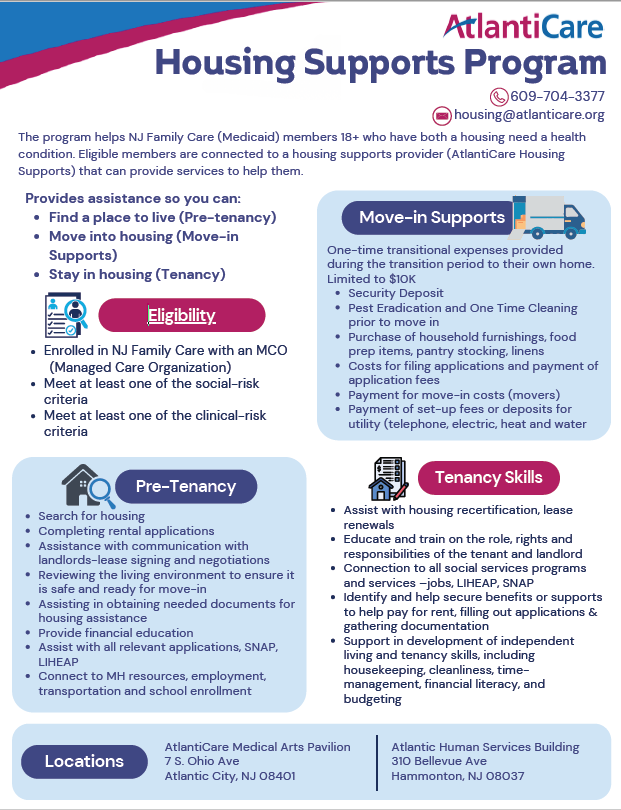 Flyer for Housing Supports Program, with sections on eligibility, pre-tenure, and tenancy skills, and contact information for assistance.