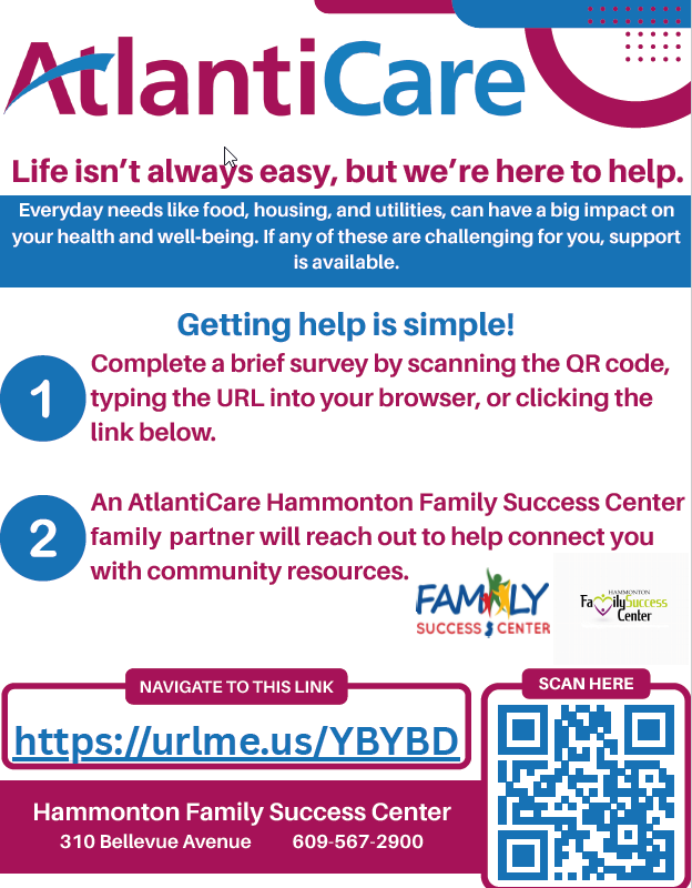An advertisement for AtlantiCare offers assistance with everyday needs. QR code to scan. Contact information is provided.