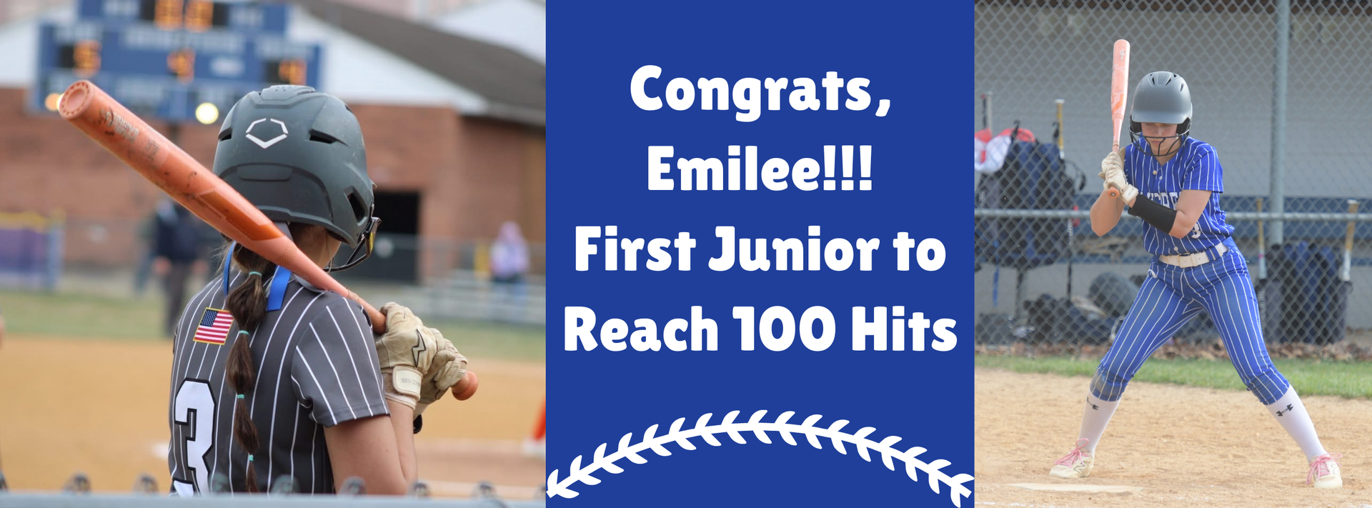 A baseball player hits a home run, while another player waits to bat, with a scoreboard and blue banner reading "Congratulations, Emile!!! First Junior to Reach 100 Hits."