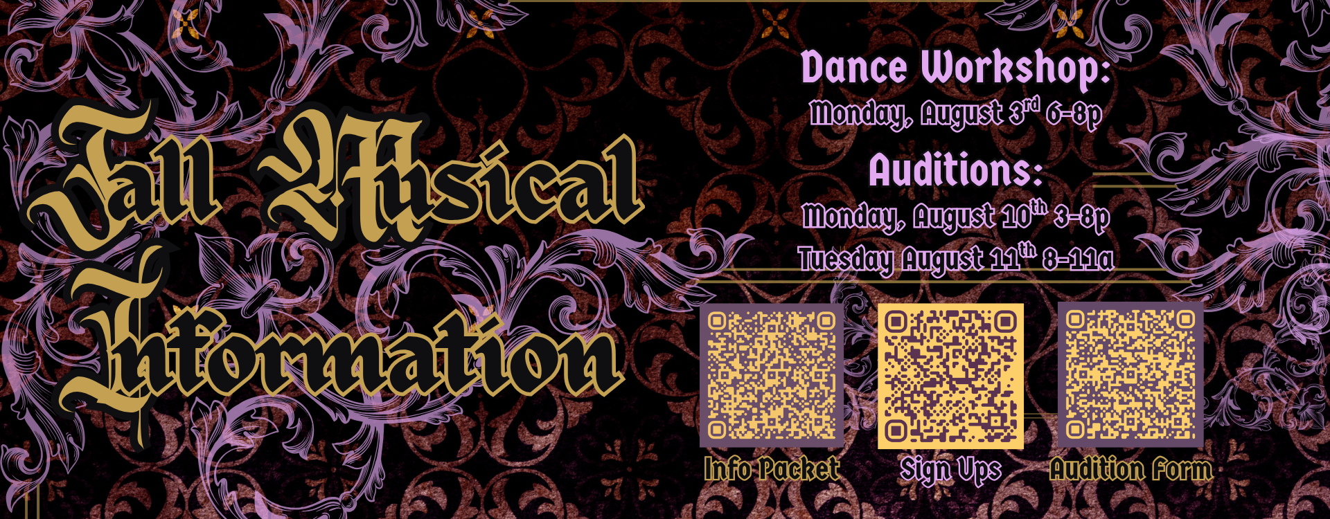 A black and purple background with swirling patterns. The text "Fall Musical Information" is in large golden letters.