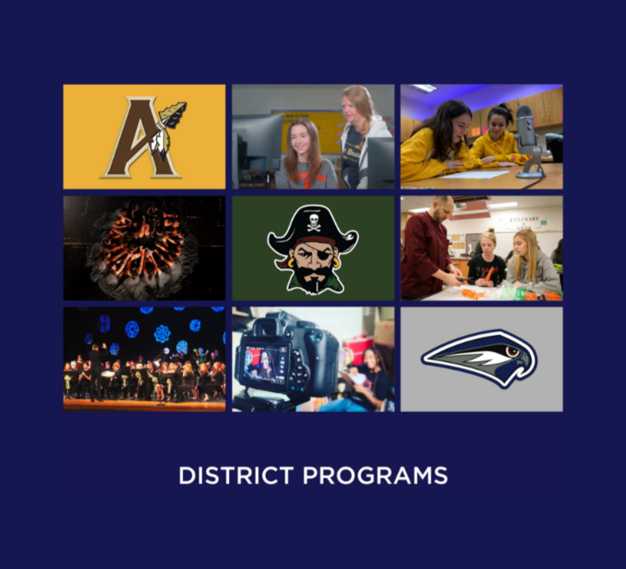 Collage of district programs with various images, including a letter "A", a pirate, fireworks, a film camera, and a school team logo.