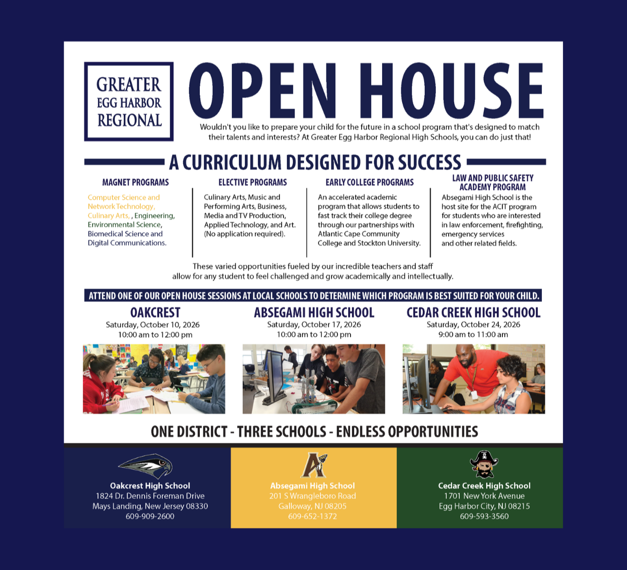 Text on a blue background describes open house events for three schools. A small photo of children and adults is on the bottom left.