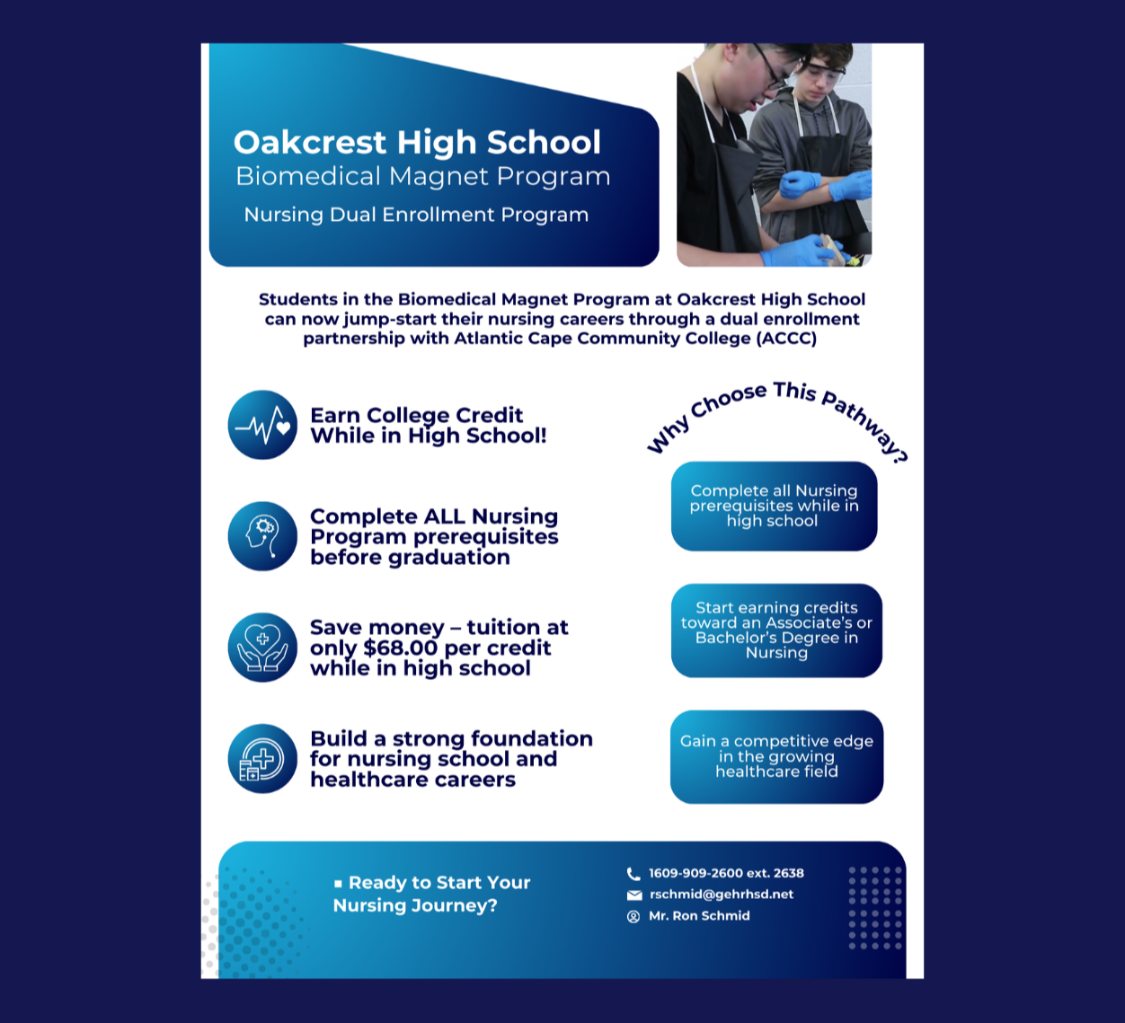 A blue poster advertising Oakcrest High School's Biomedical Magnet Program with text and images.