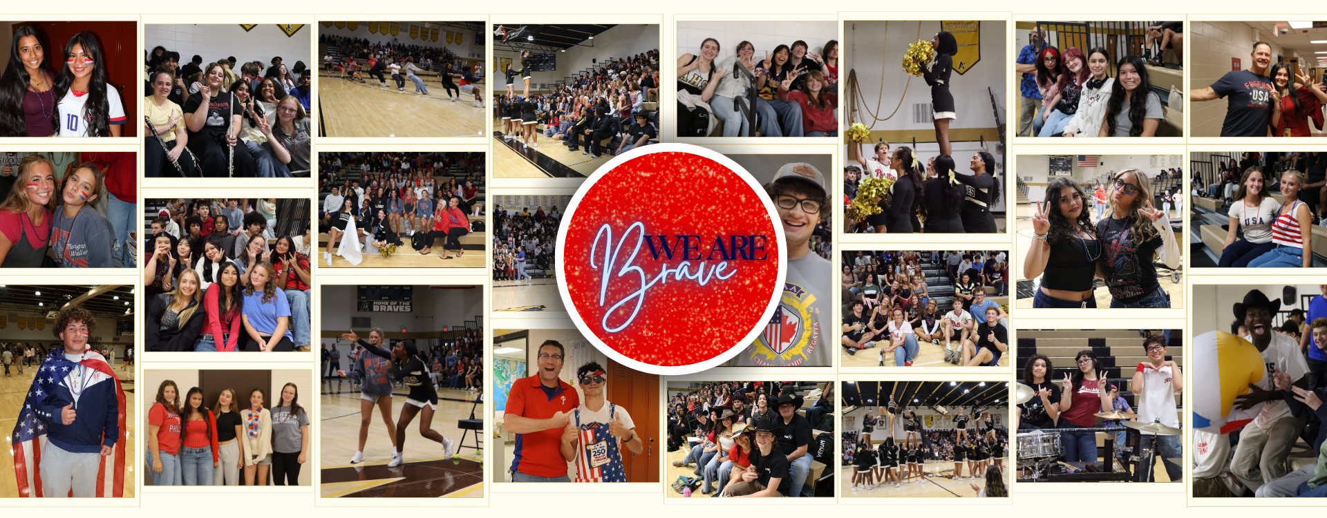 Multiple images of a sports event with people celebrating, one central image of a circular logo with text.