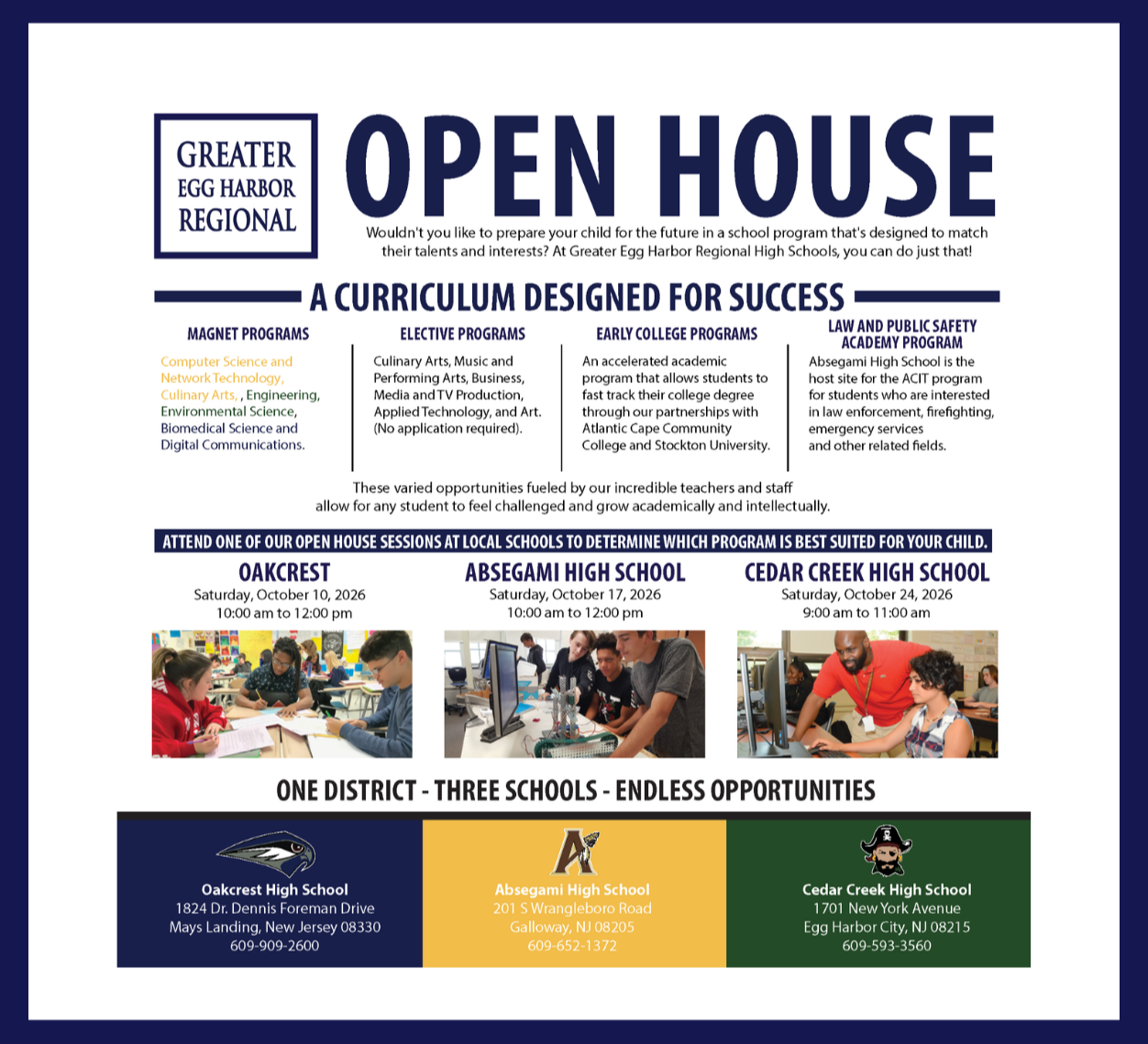 A flyer advertises an open house event for a curriculum designed for success at three schools.