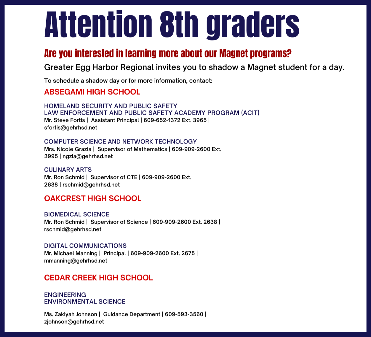 Flyer with blue and white text for 8th graders. It lists Magnet programs and contact information for each school.