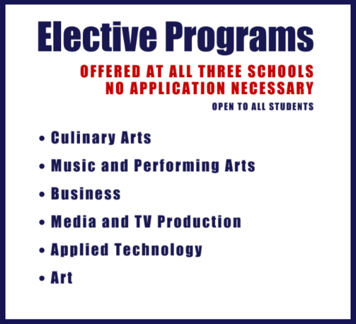 A white background displays a list of elective programs offered at all three schools. Programs include Culinary Arts, Music and Performing Arts, Business, Media and TV Production, Applied Technology, and Art.